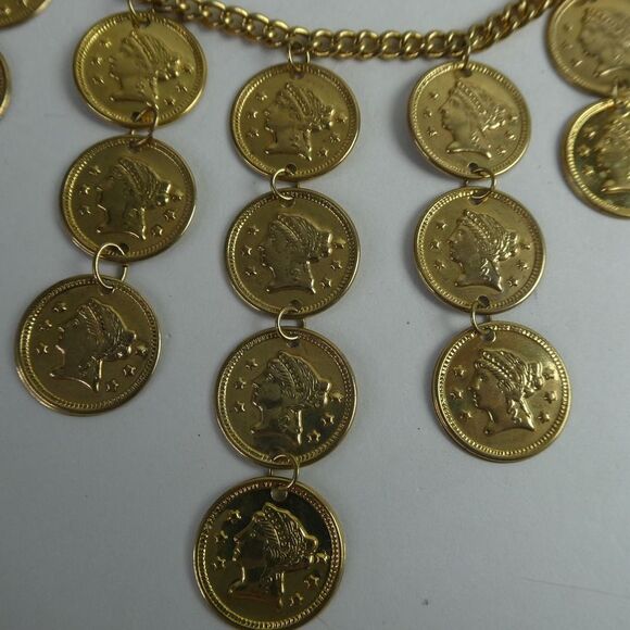 Boho International Festival Faux Coin Gold Tone Necklace Dangly Earrings Set - Picture 4 of 10